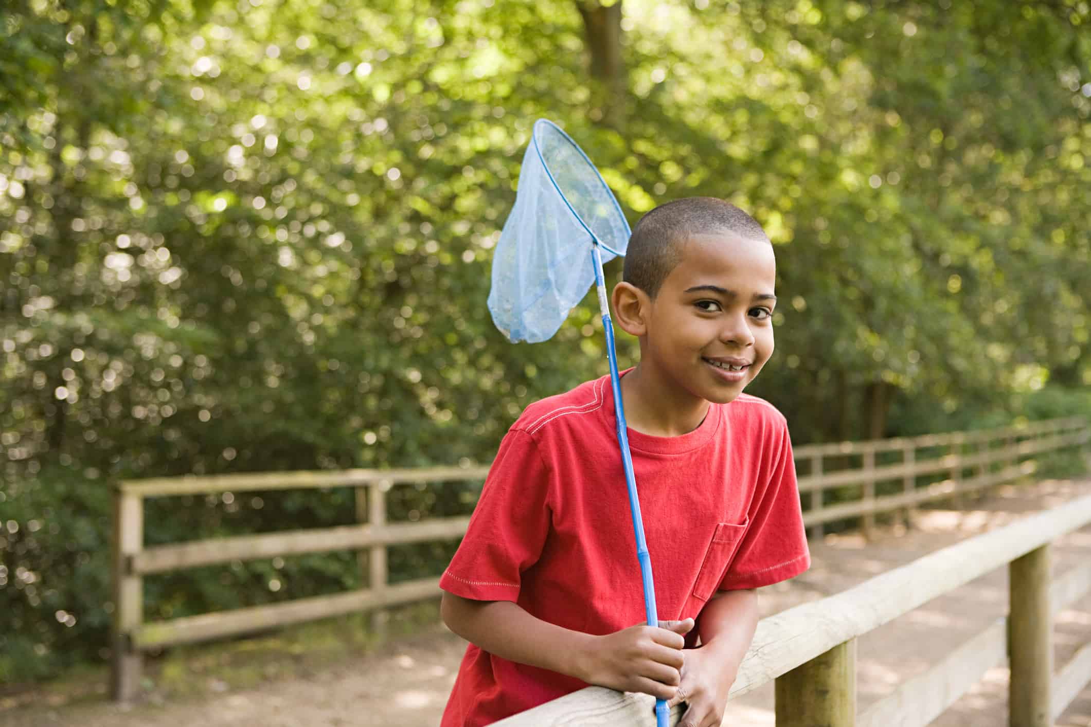 Young boy holding a butterfly net in a natural setting