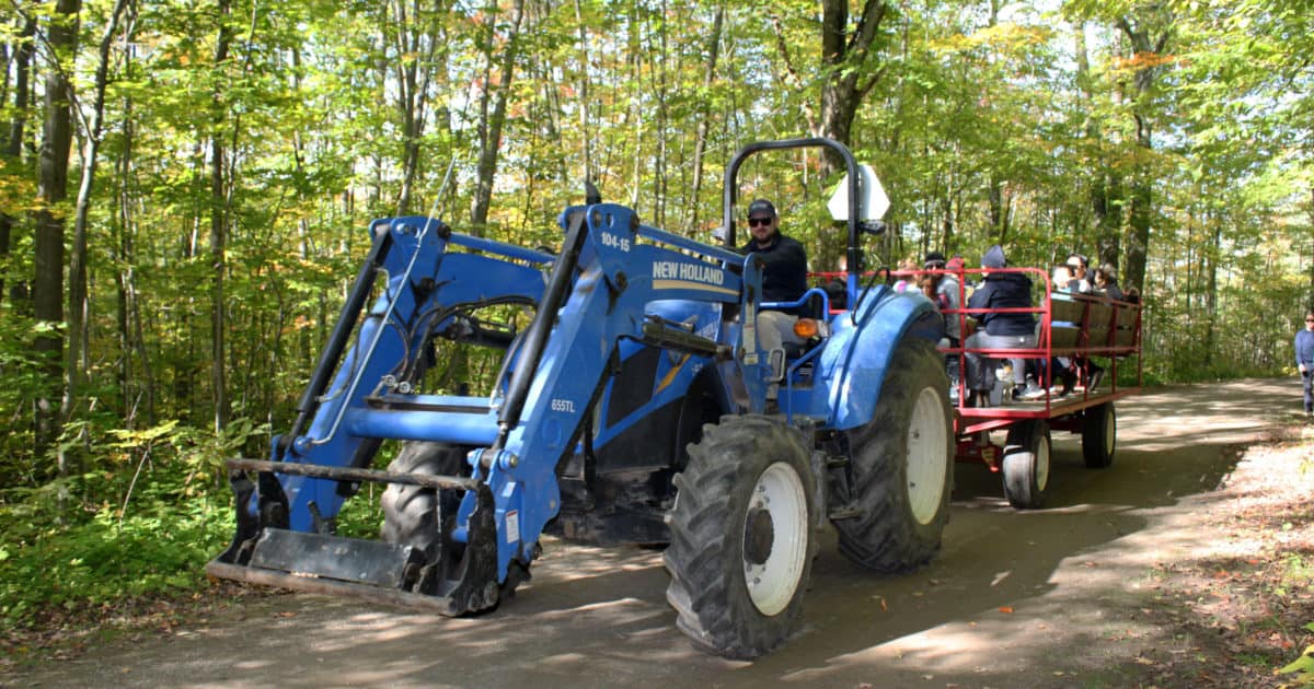a tractor pulling a wagon with people in it through a forested area