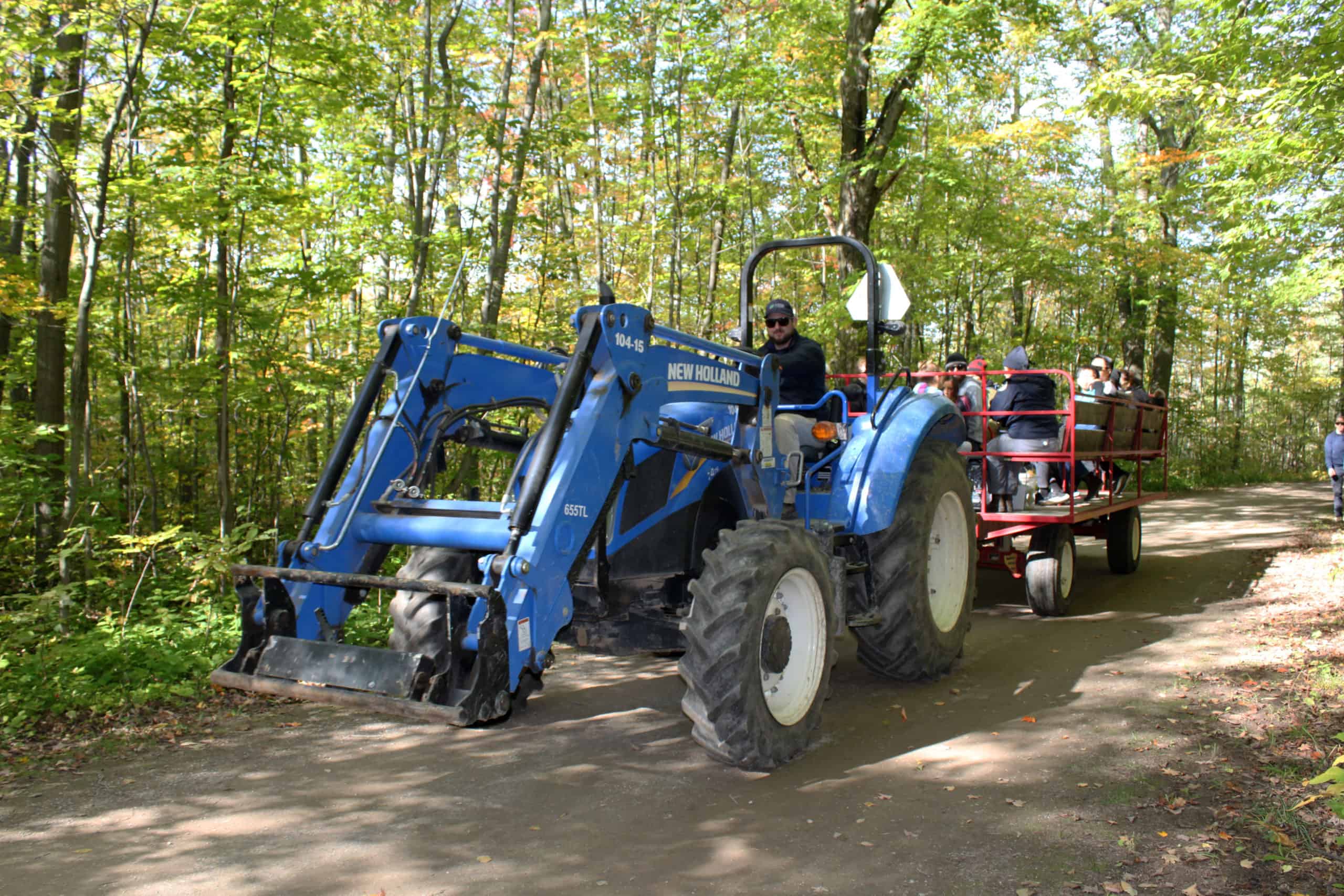 a tractor pulling a wagon with people in it through a forested area